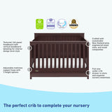 graphic of espresso crib with drawer's features