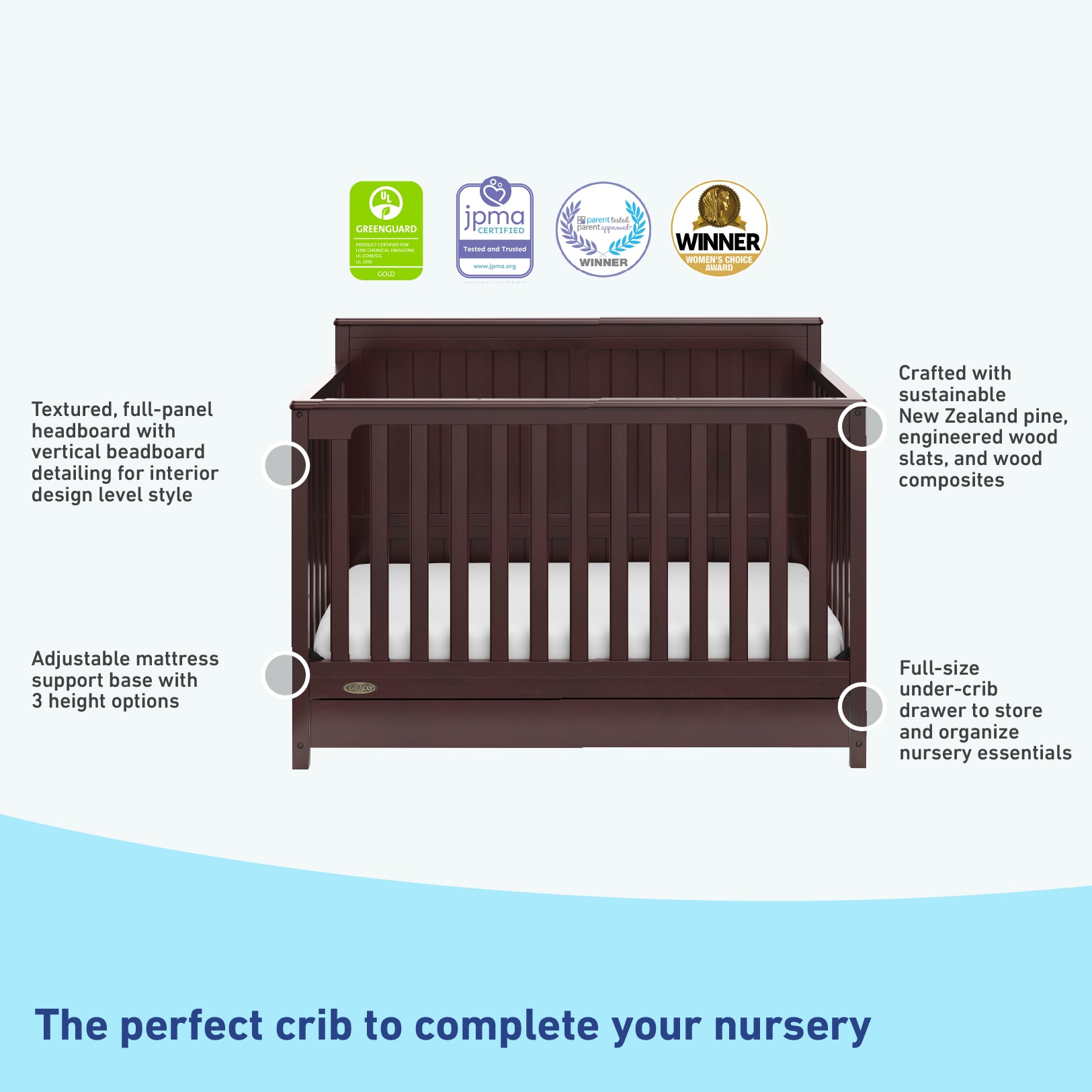 graphic of espresso crib with drawer's features