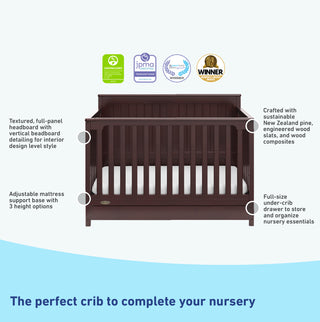 graphic of espresso crib with drawer's features