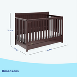espresso crib with drawer's graphic with dimensions