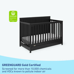 black crib with drawer certifications graphic