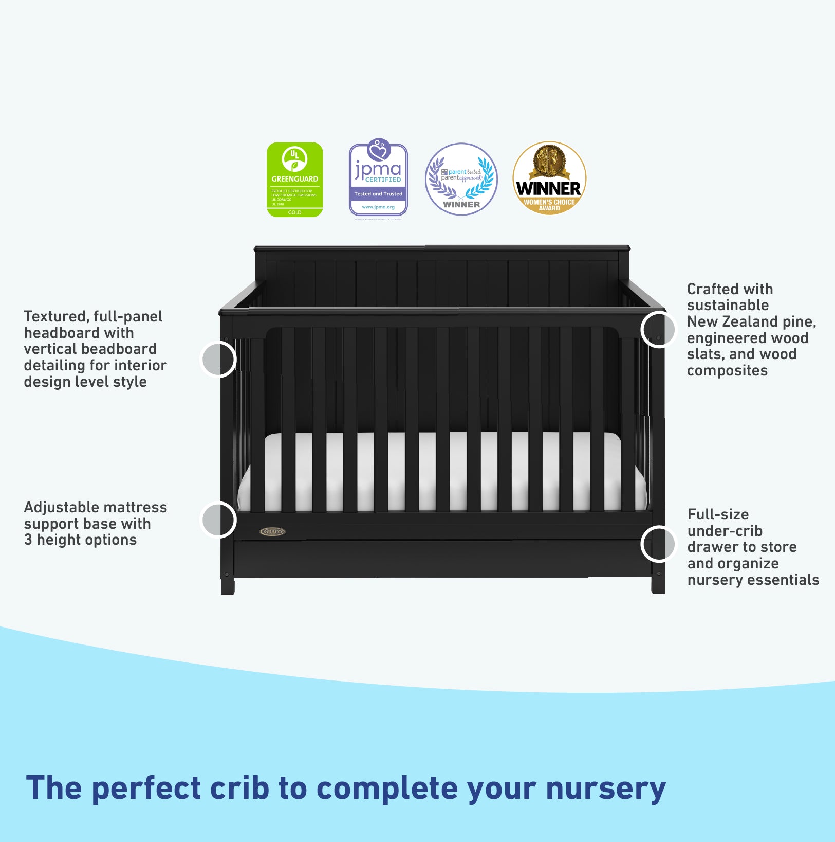 black crib with drawer features graphic