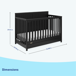 black crib with drawer's dimensions graphic