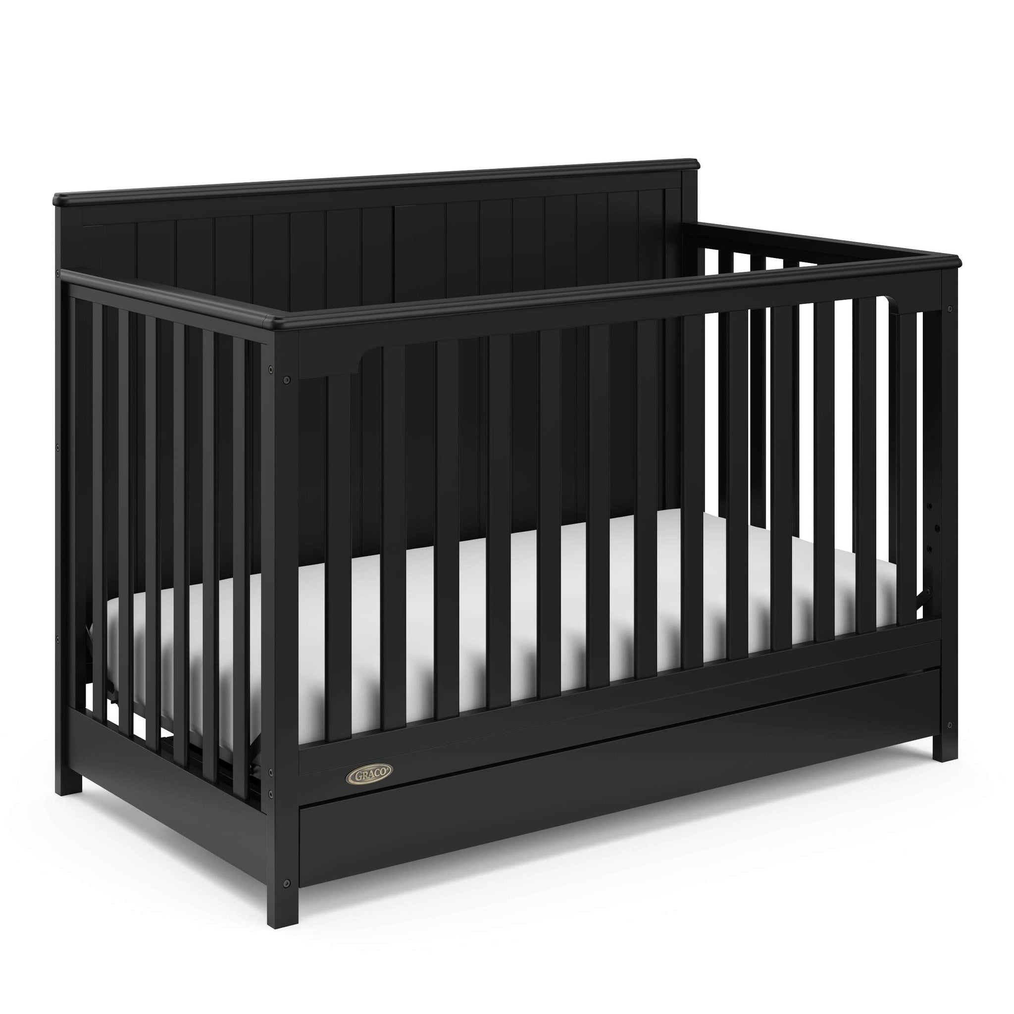 black crib with drawer angled view