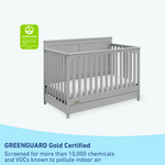 pebble gray crib with drawer's graphic with certifications