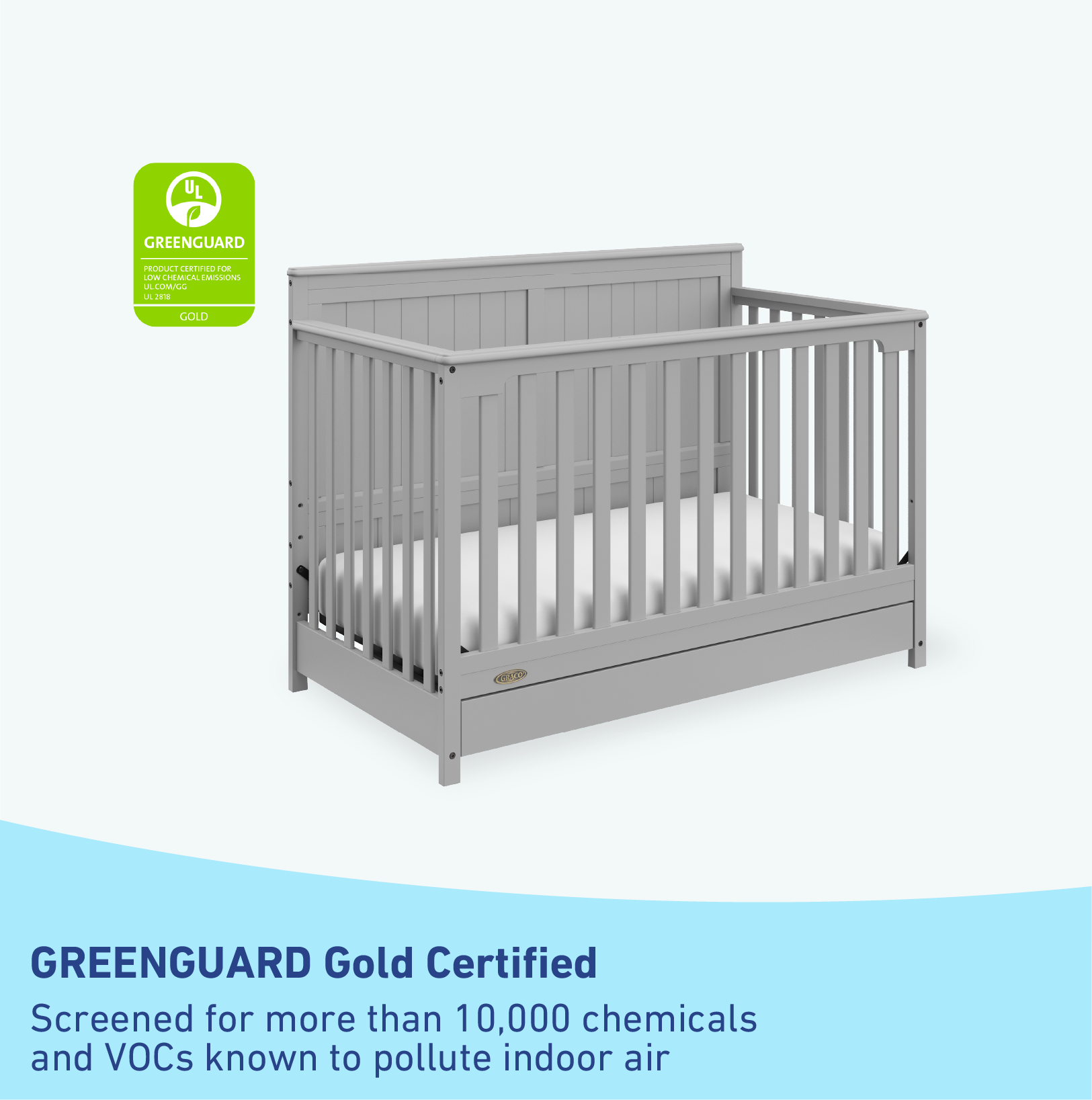 pebble gray crib with drawer's graphic with certifications