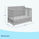 pebble gray crib with drawer's graphic dimensions