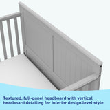 pebble gray crib with drawer headboard's graphic
