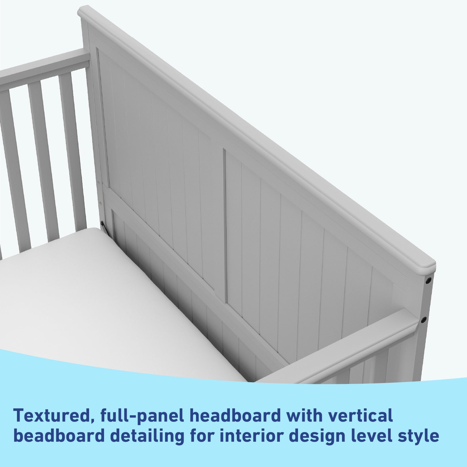 pebble gray crib with drawer headboard's graphic