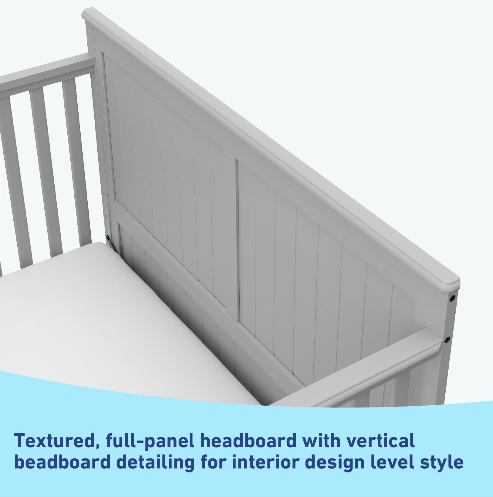 pebble gray crib with drawer headboard's graphic
