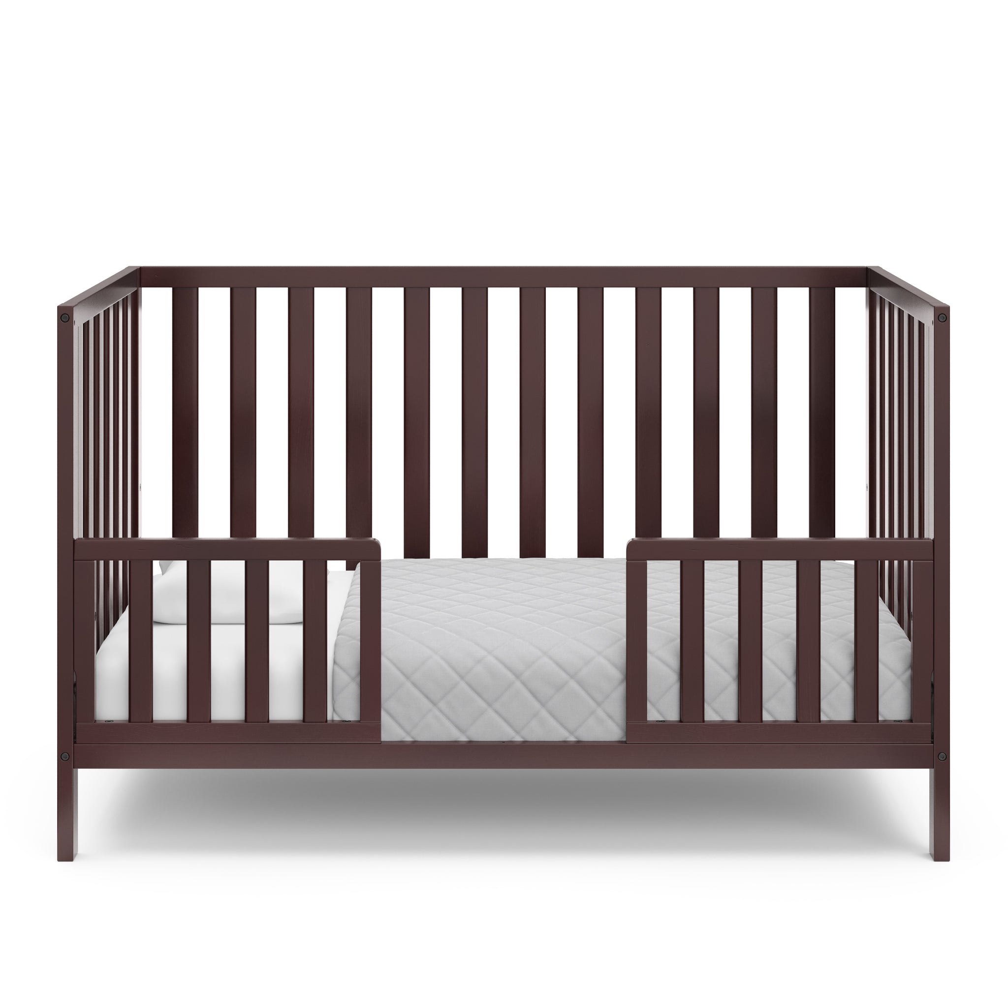 espresso crib in toddler bed conversion with two safety guardrails
