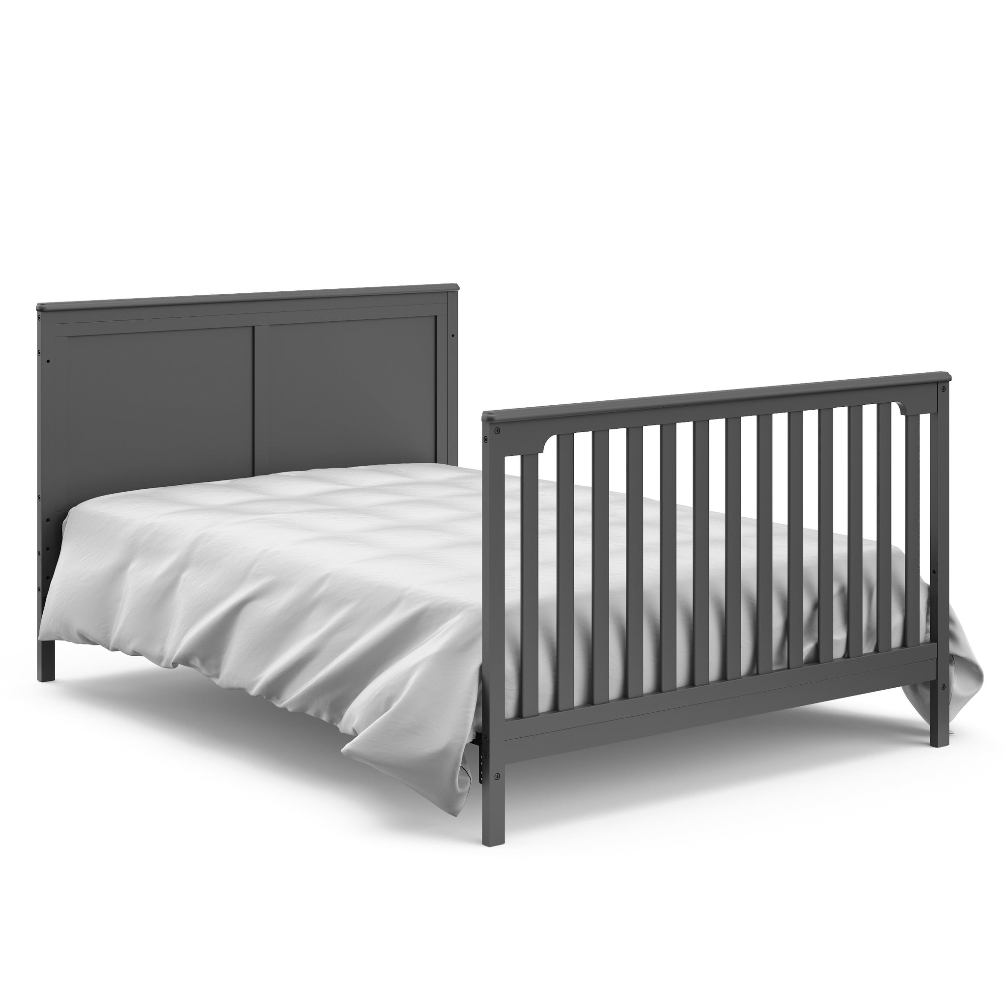 gray crib in full-size bed with headboard and footboard conversion