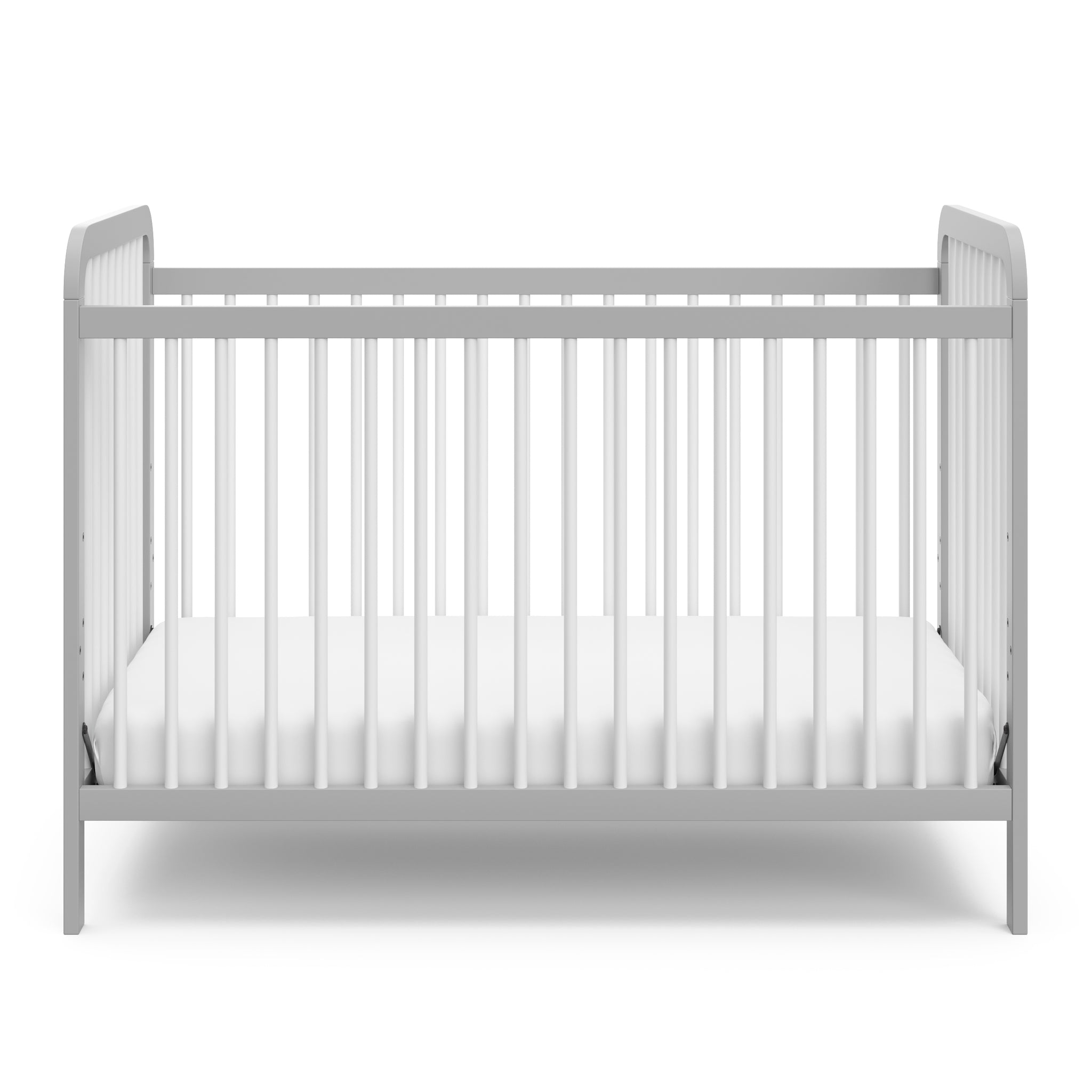 Front view of white crib with pebble gray 