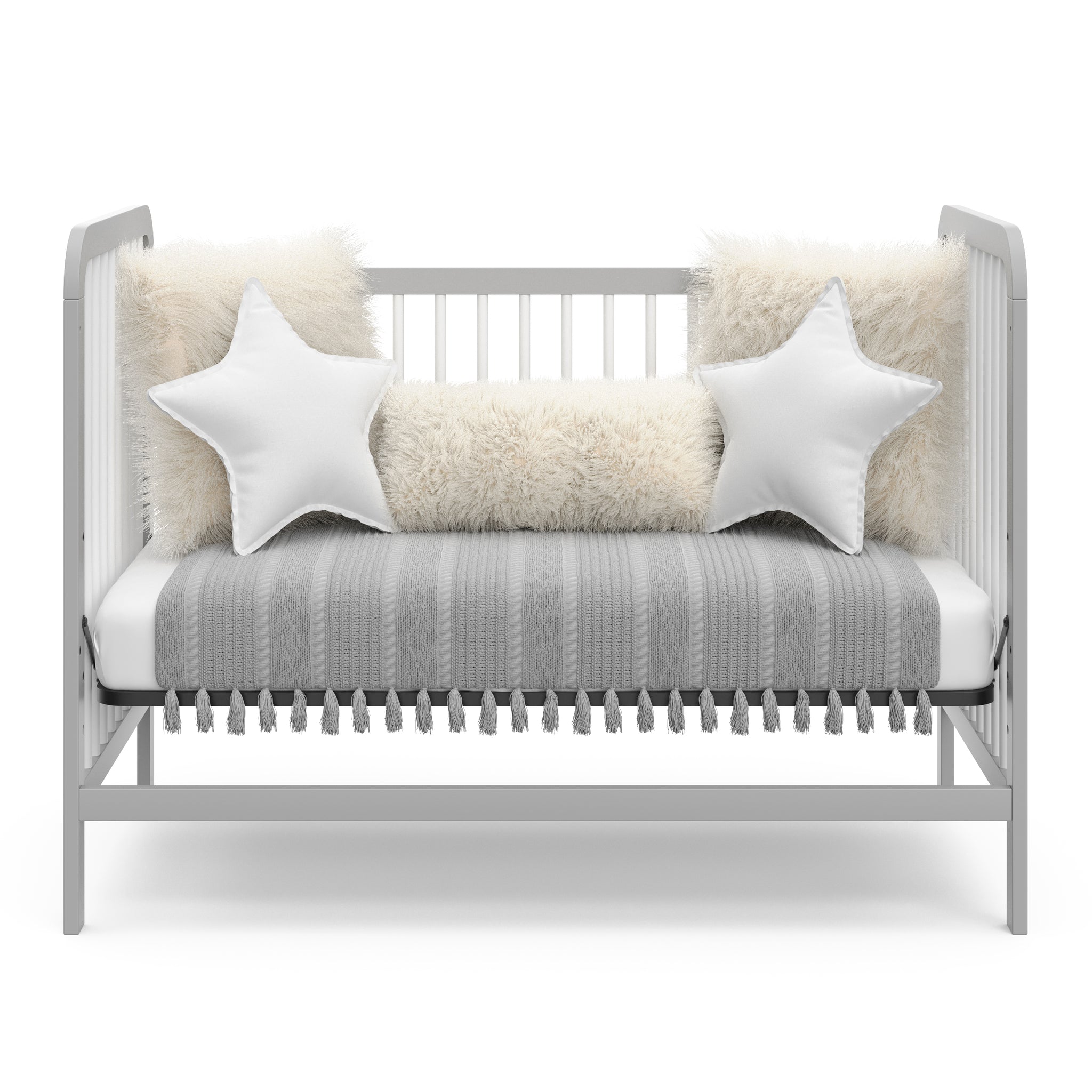 White with pebble gray crib in daybed conversion with bedding 