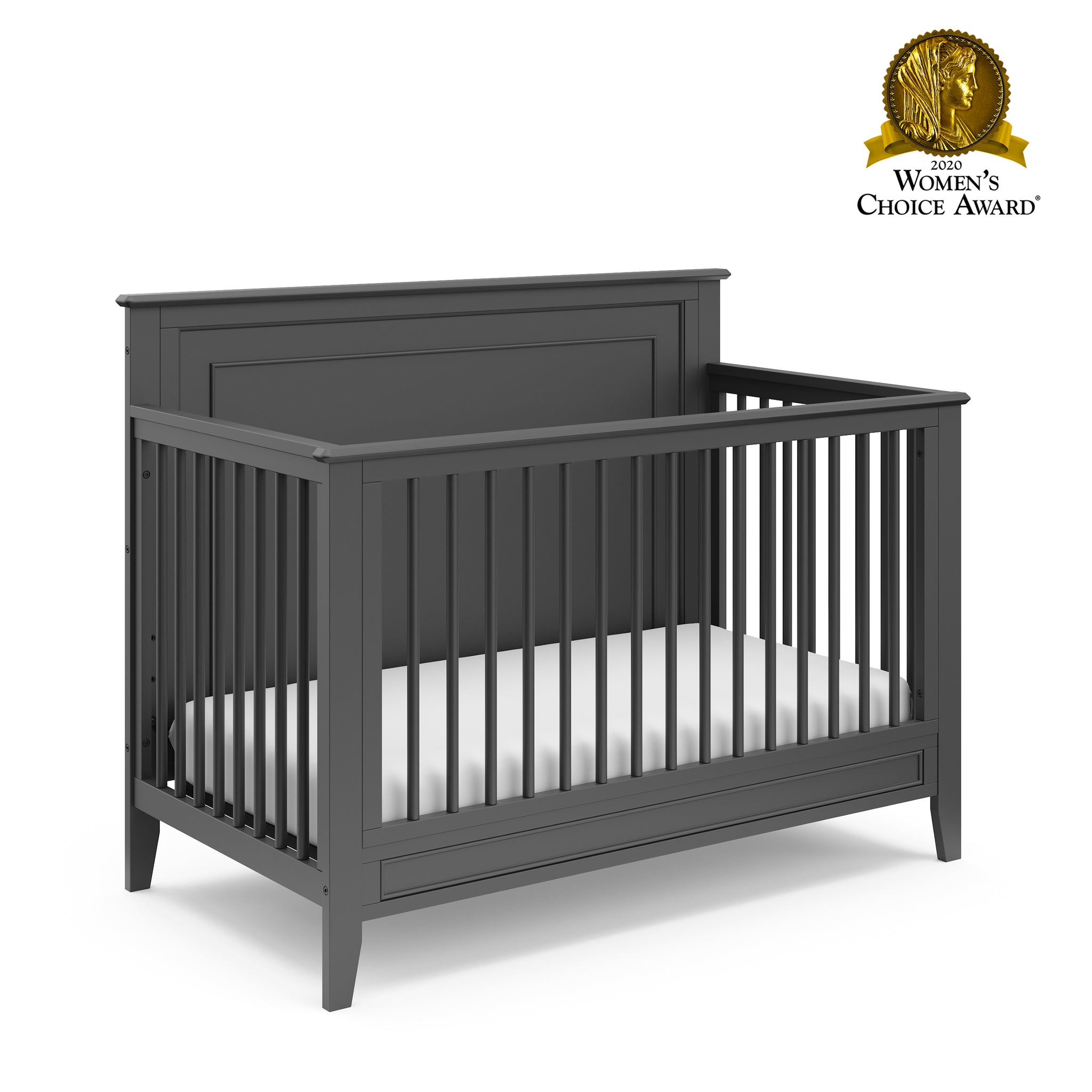 Front view of pebble gray crib graphic 
