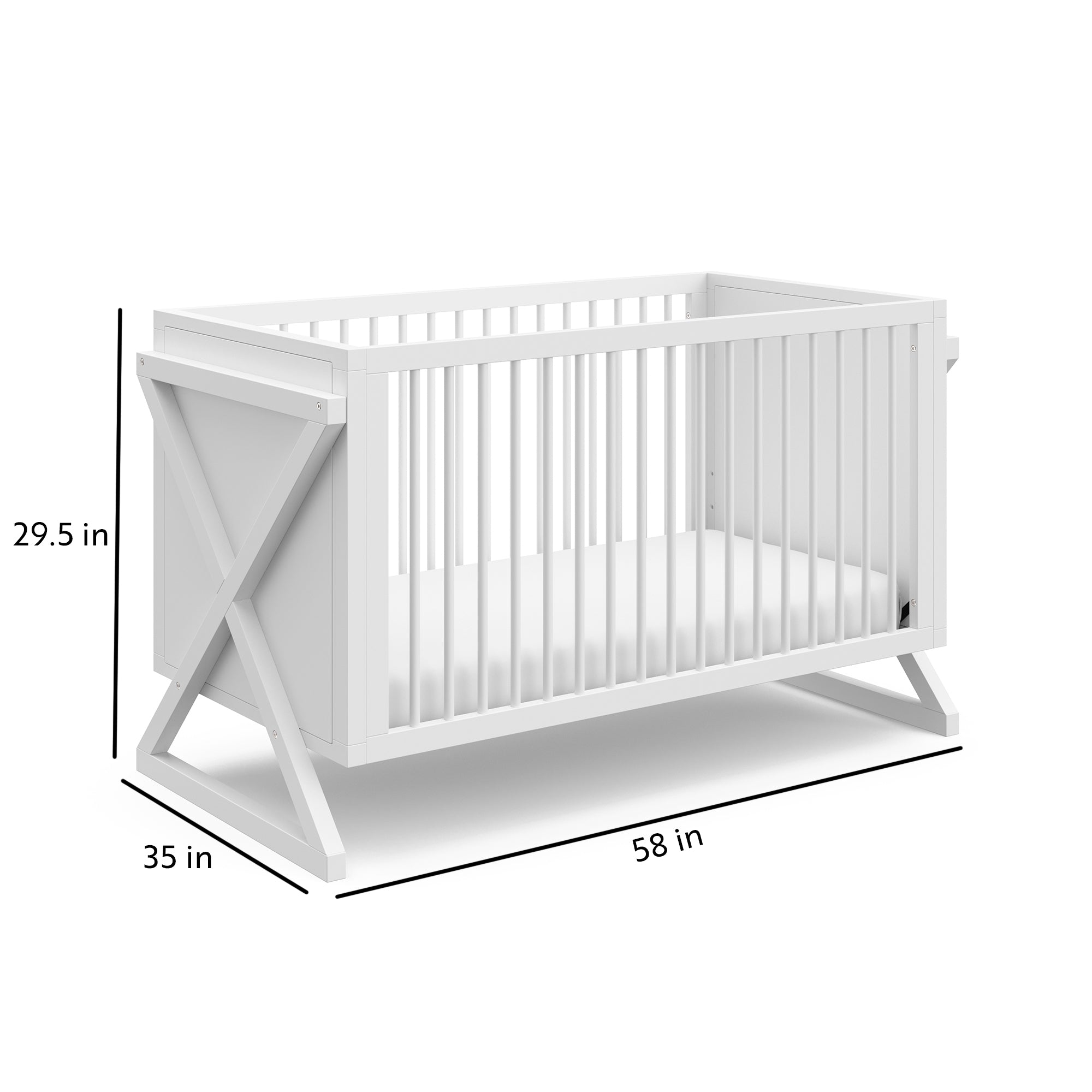 White crib dimensions graphic