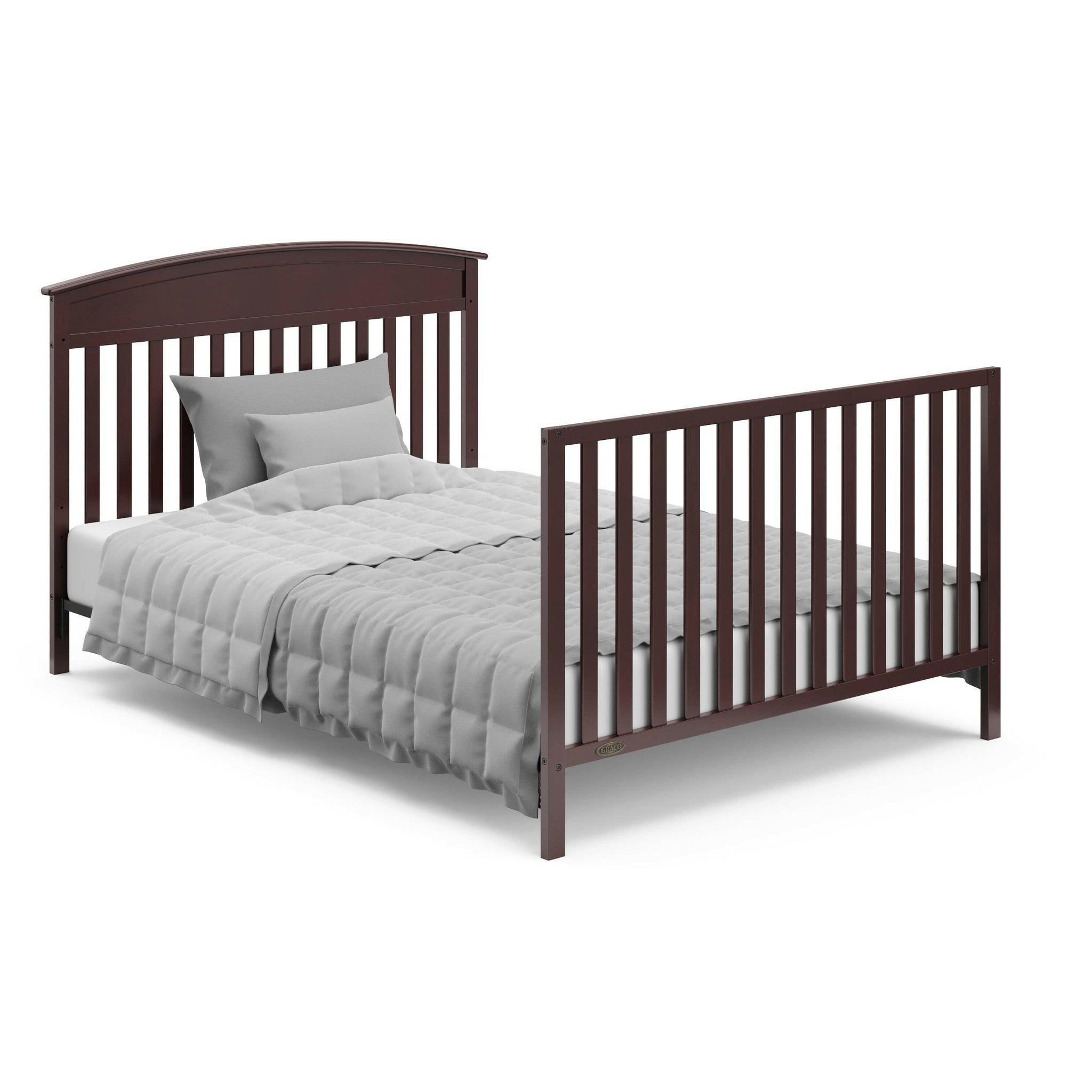 espresso crib in full-size bed with headboard and footboard conversion