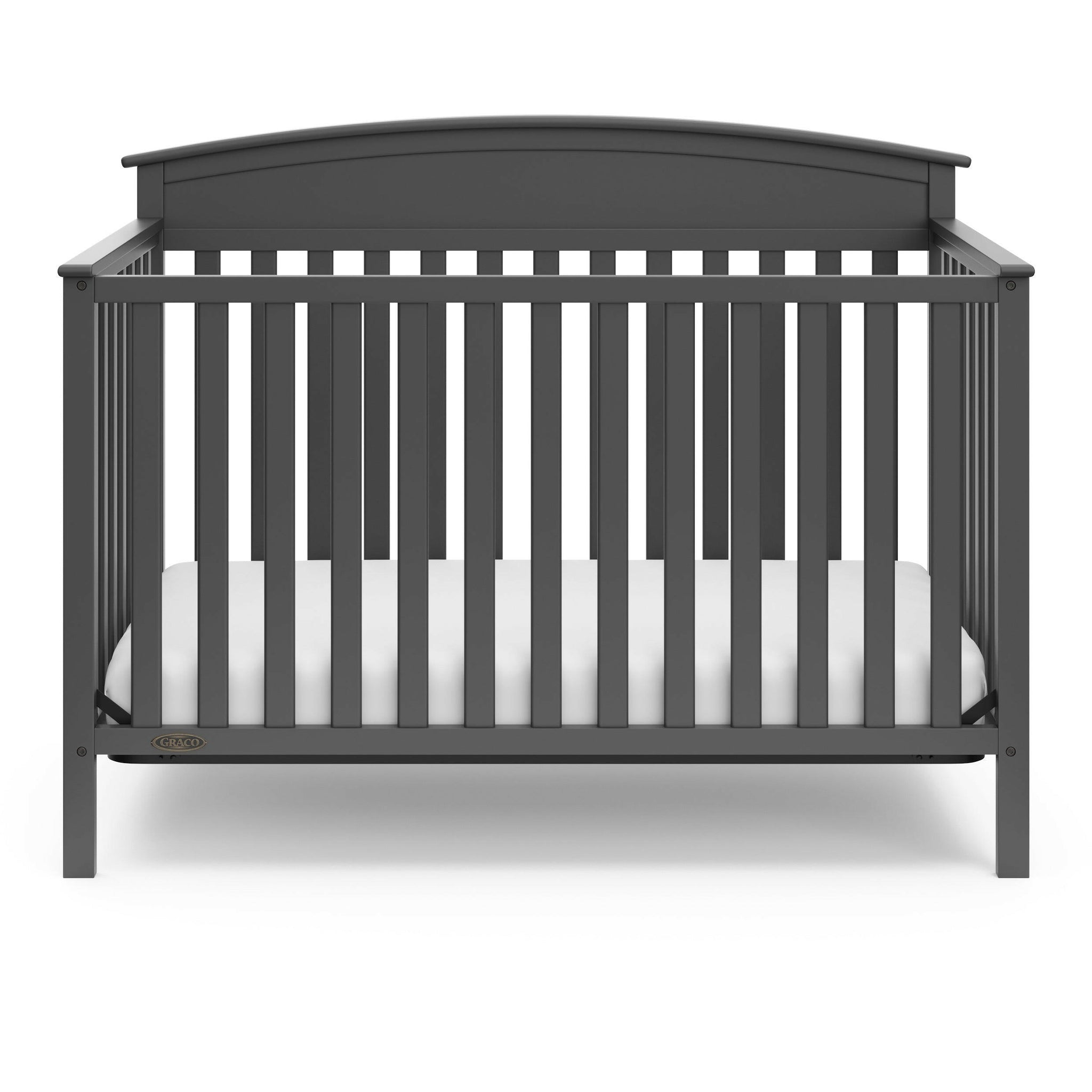 Front view of gray crib