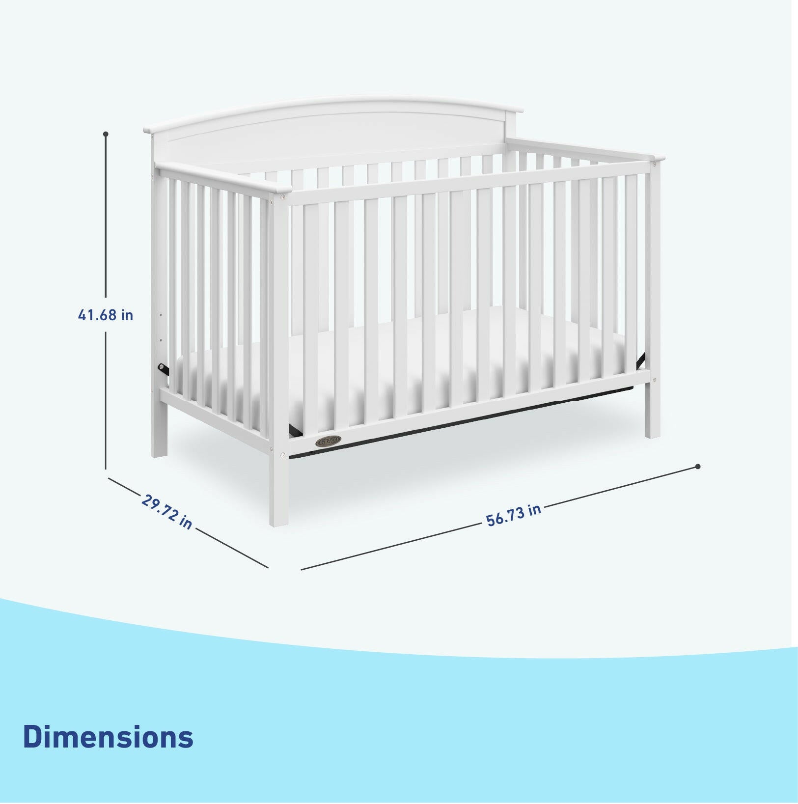 White crib dimensions graphic