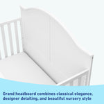Close-up view of white crib's headboard graphic