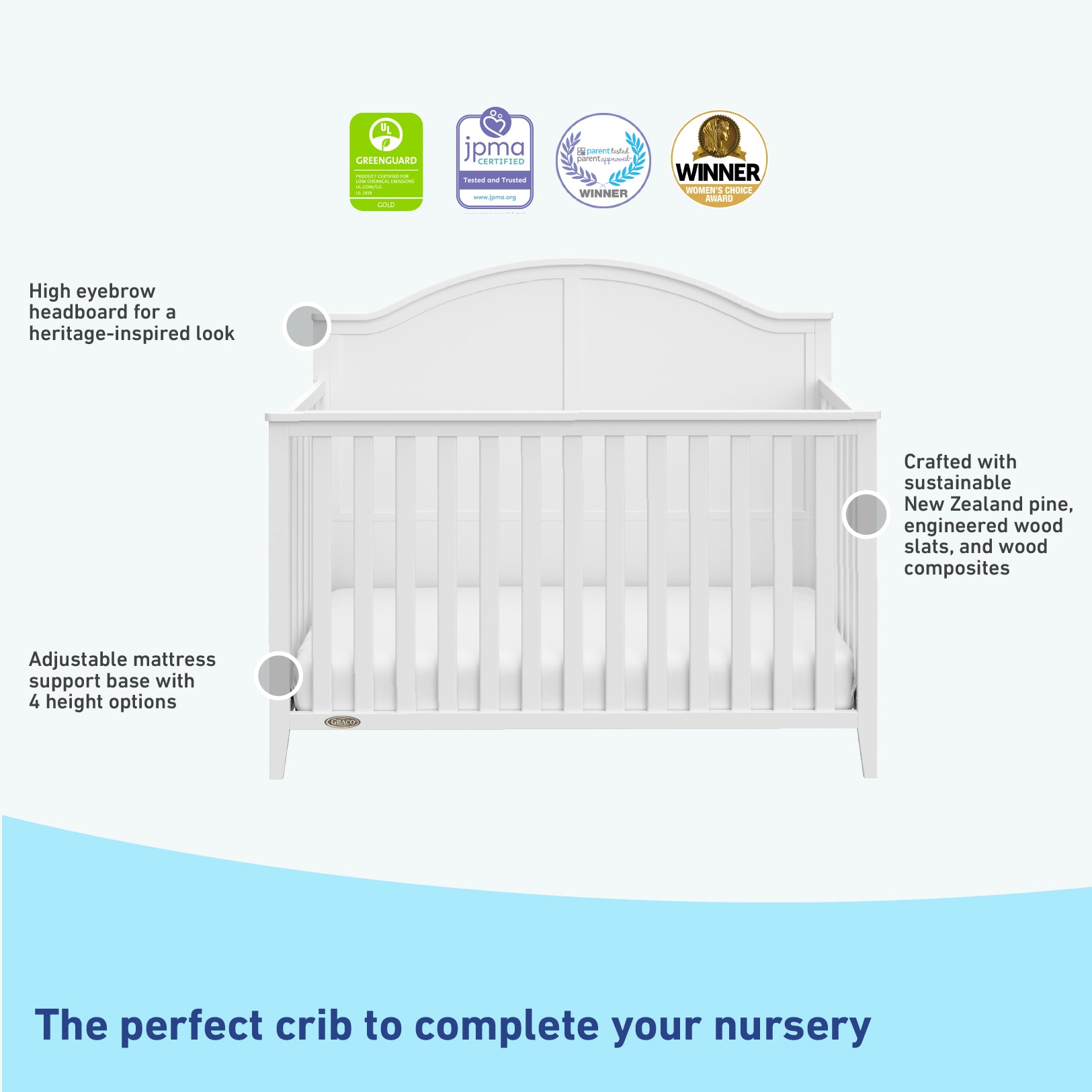 White crib features graphic