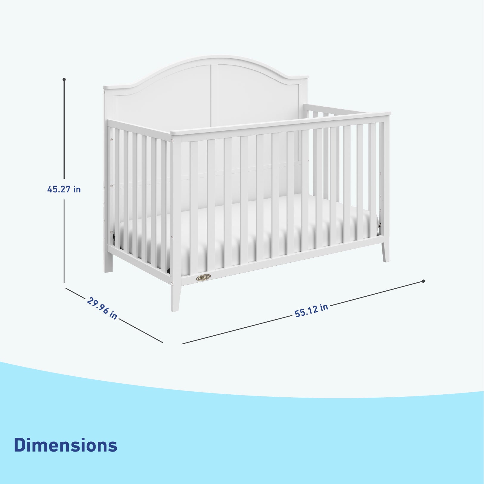 White crib dimensions graphic