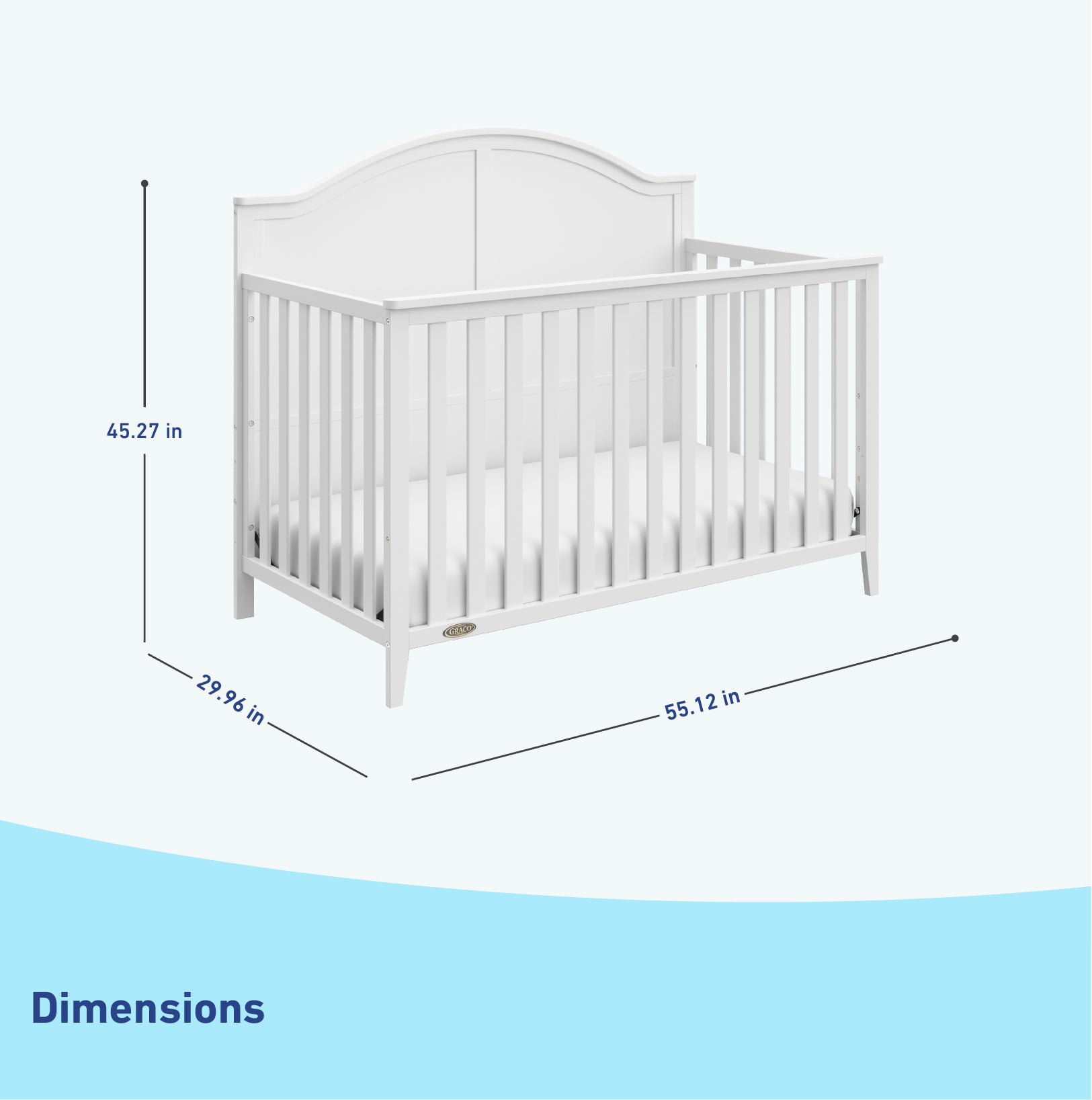 White crib dimensions graphic