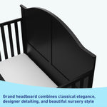 Close-up view of black crib's headboard graphic
