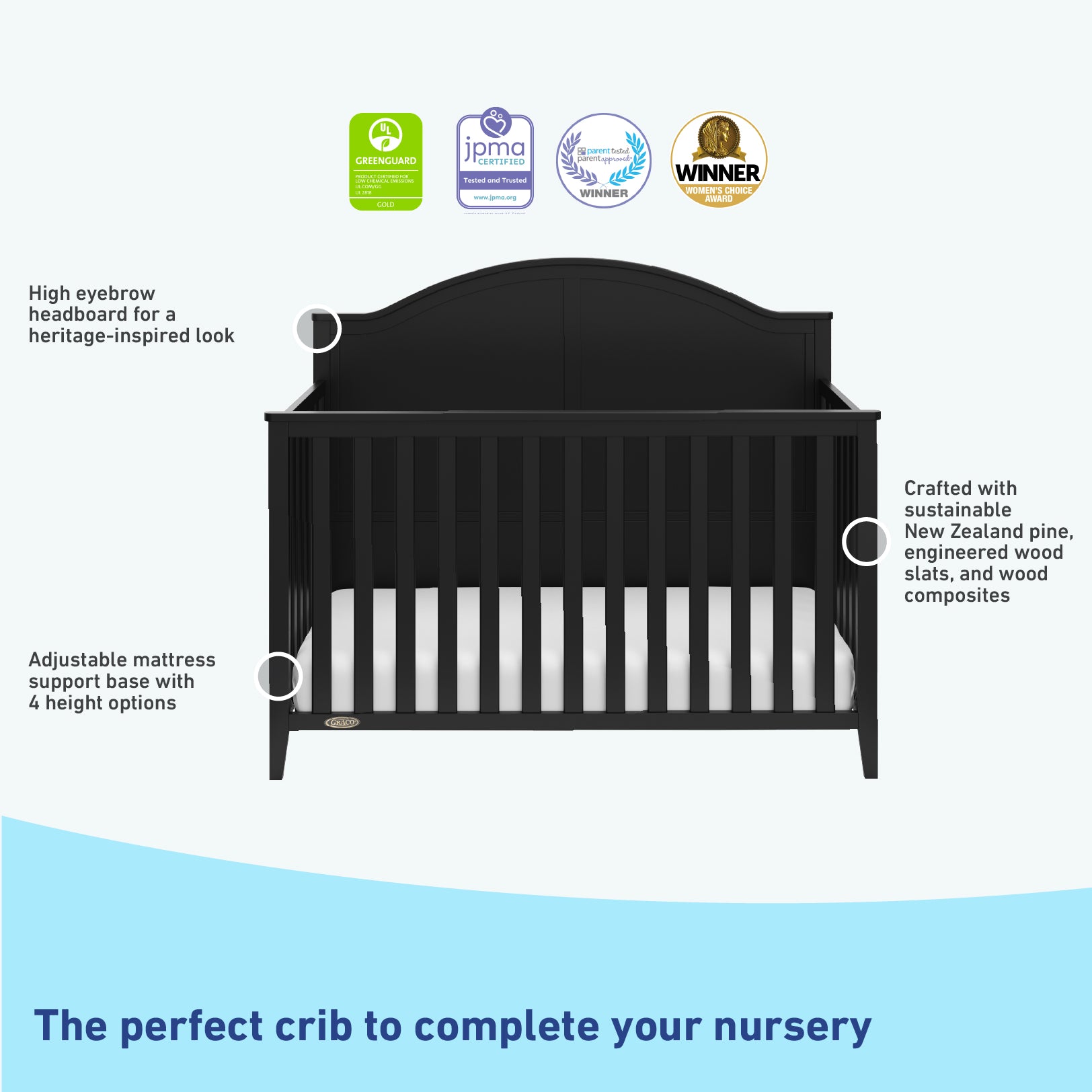 Black crib features graphic
