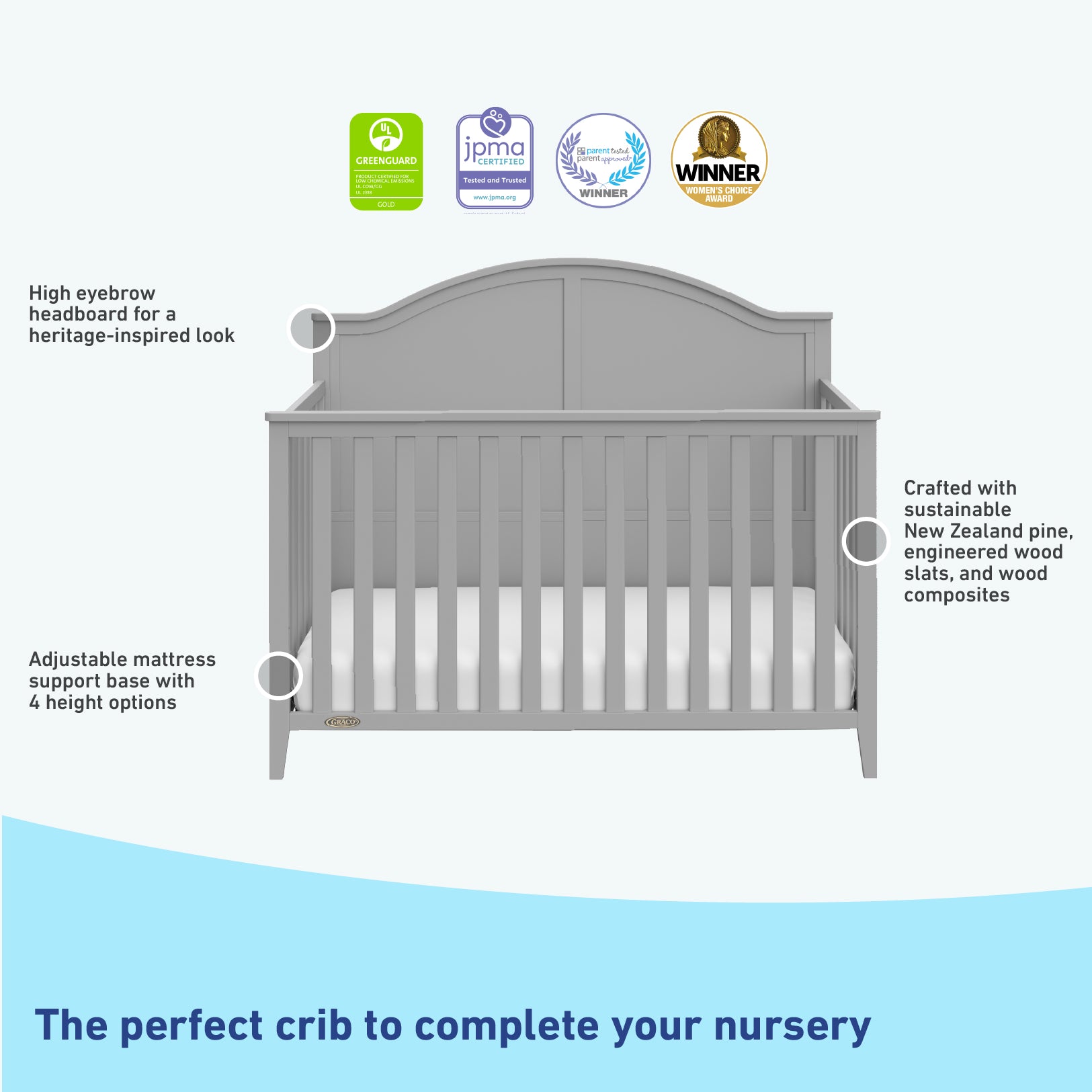 pebble gray crib features graphic