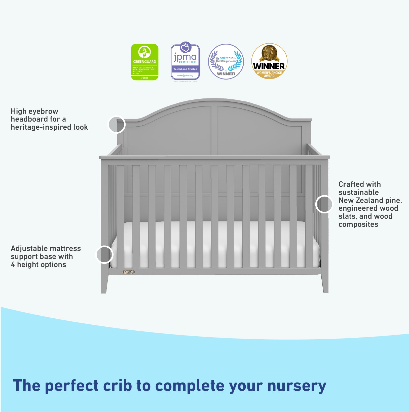 pebble gray crib features graphic
