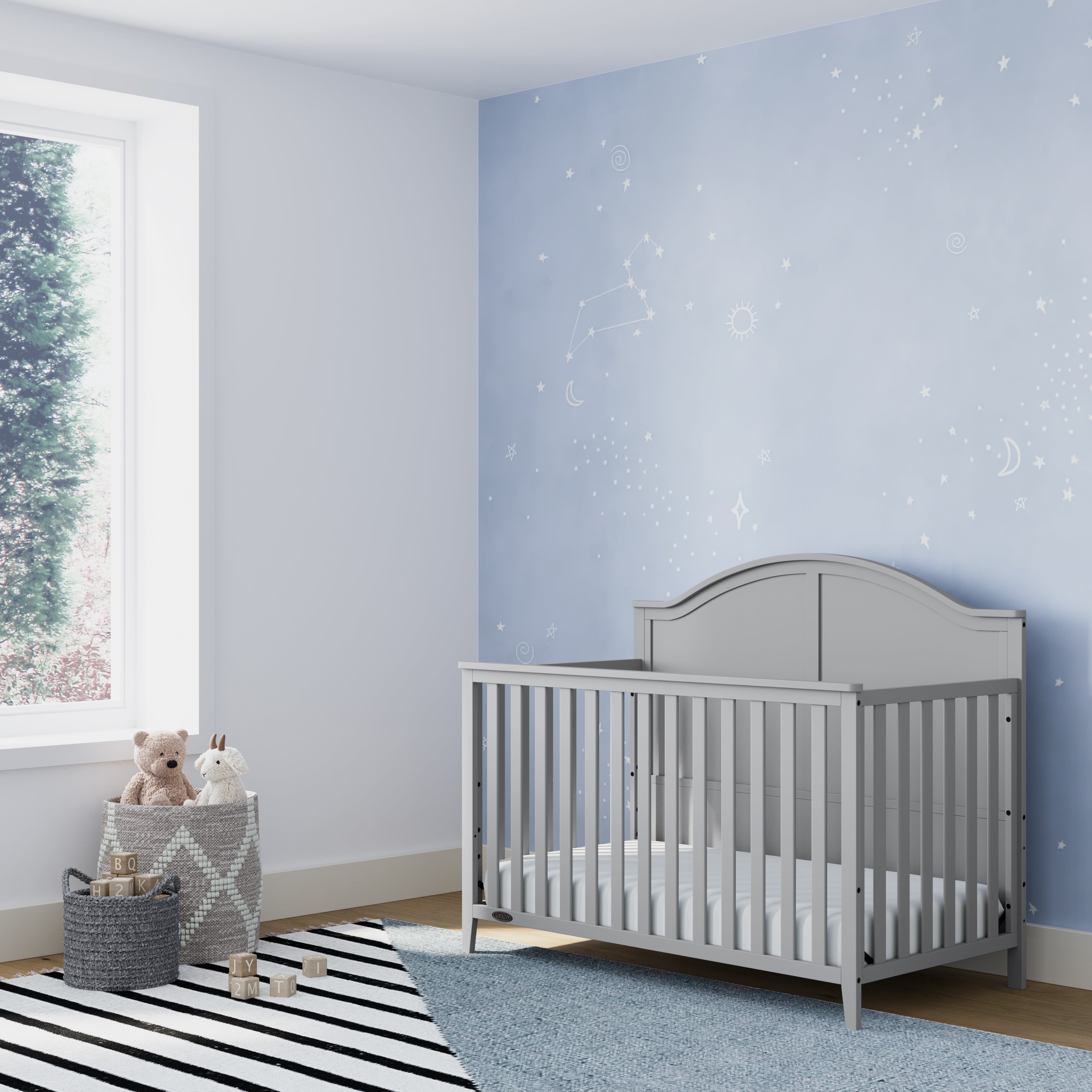 Pebble gray crib in nursery