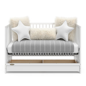 White crib with drawer in daybed conversion