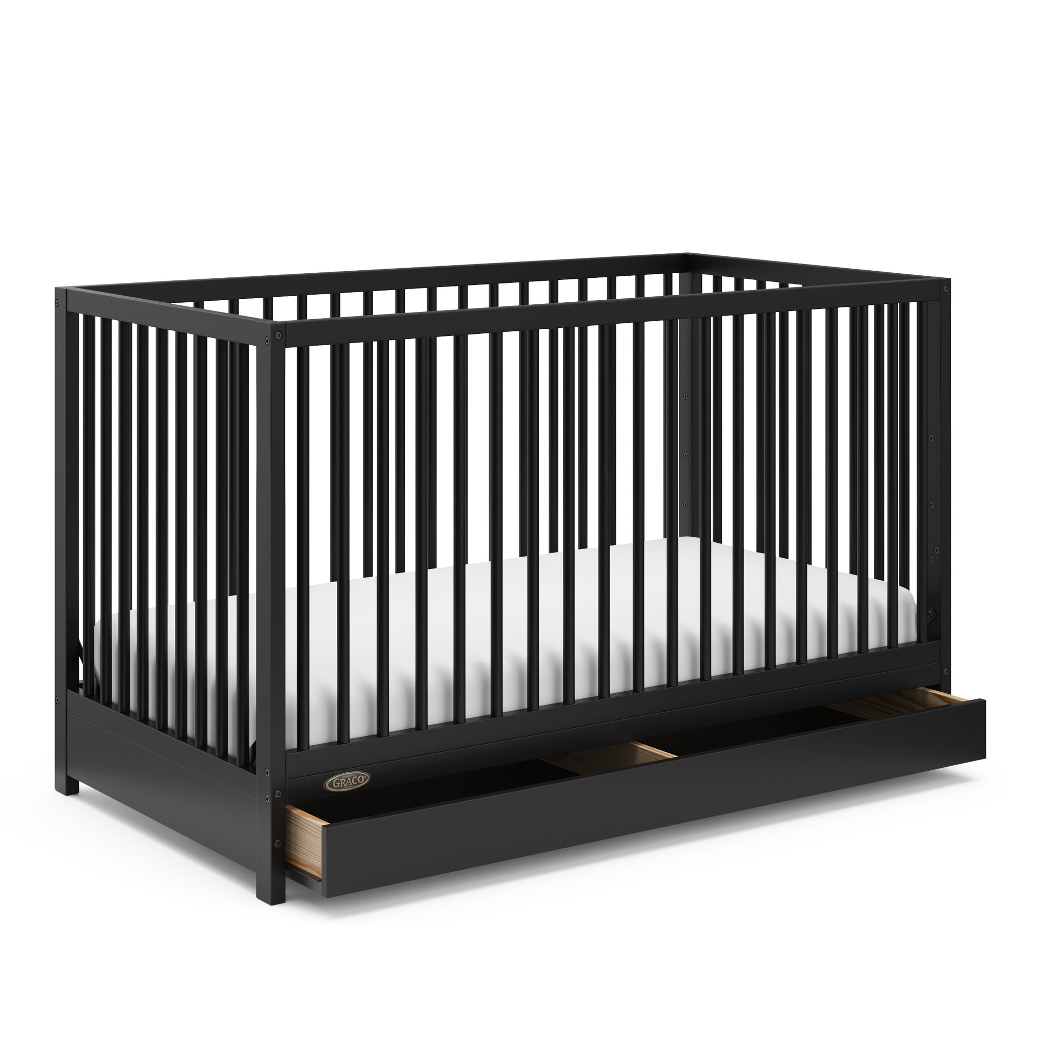 Black crib with open drawer angled