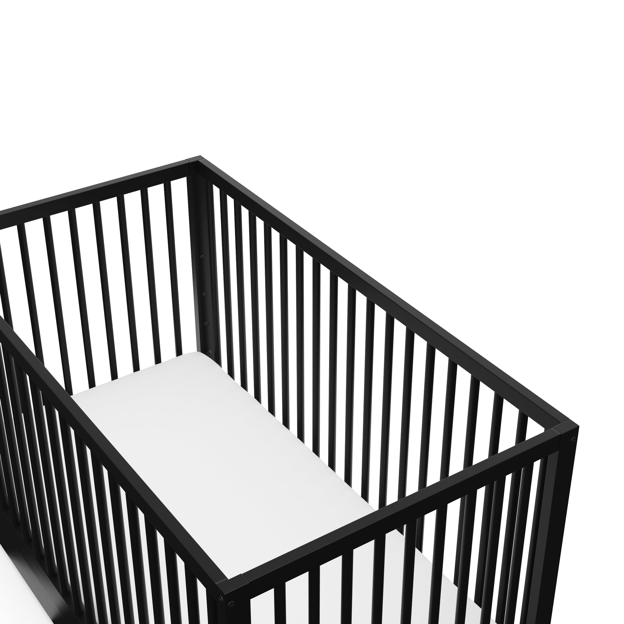 Close-up view of Black crib with drawer