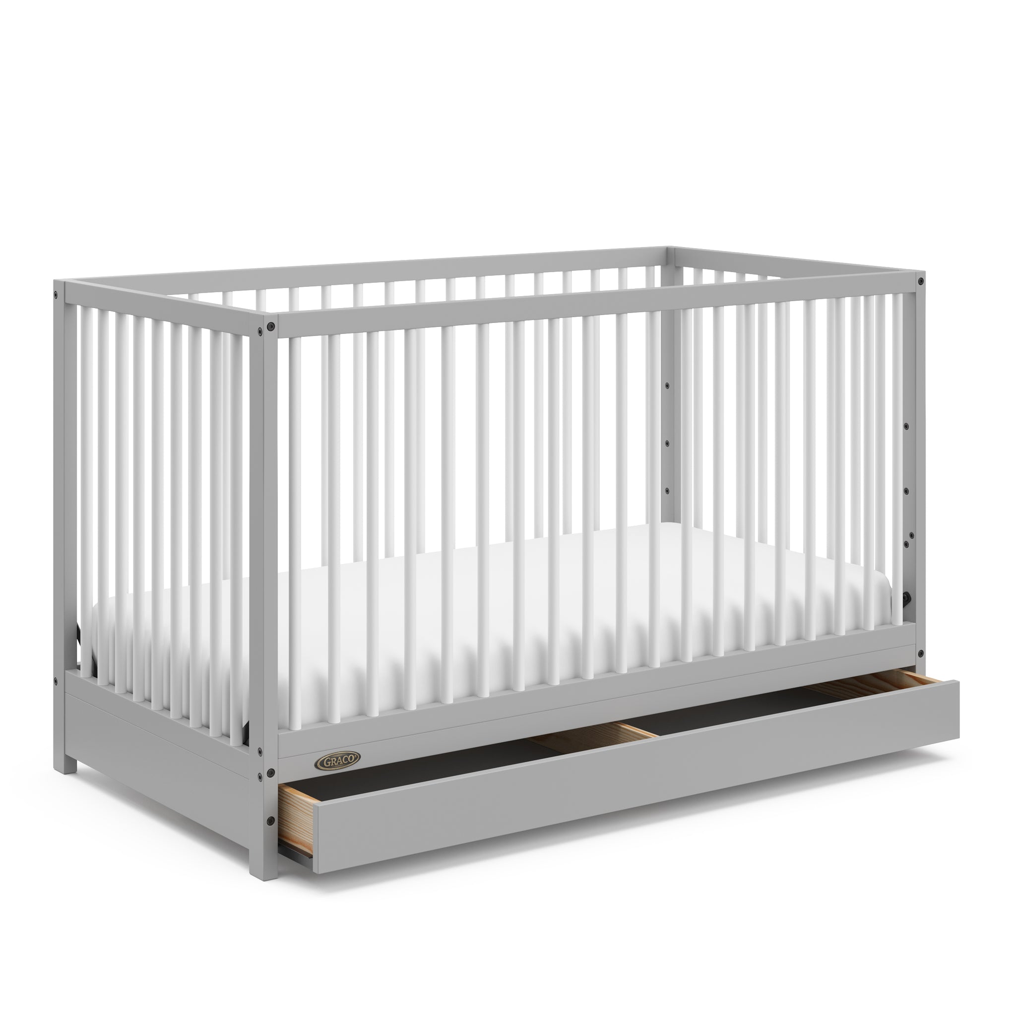 Pebble gray with white crib with open drawer 