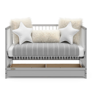 Pebble gray with white crib with drawer in daybed conversion