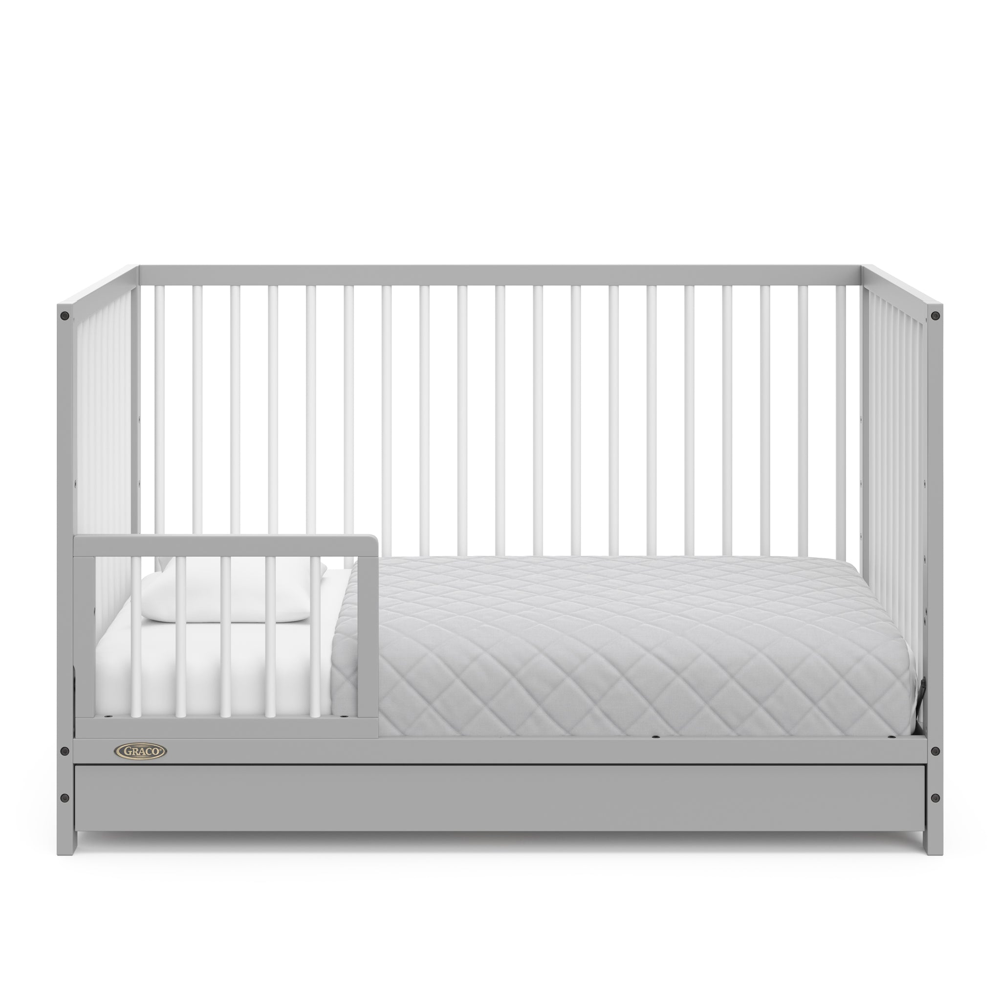 Pebble gray with white crib with drawer in toddler bed conversion with one safety guardrailPebble gray crib with drawer in toddler bed conversion with two safety guardrail