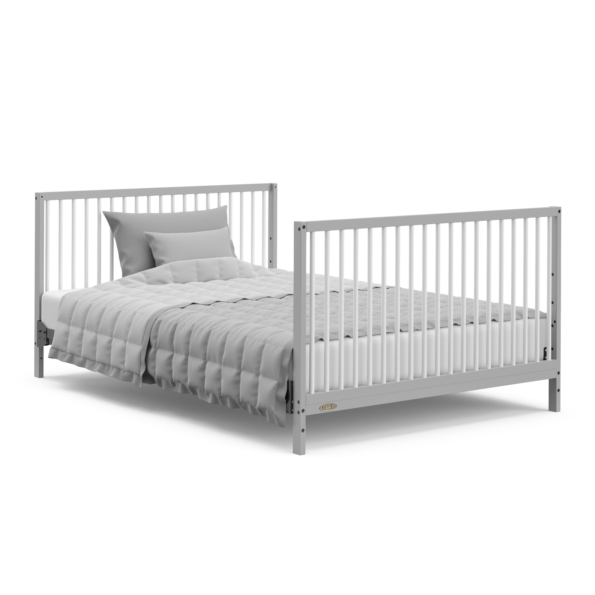 Pebble gray with white crib with drawer in full-size bed with headboard and footboard conversion