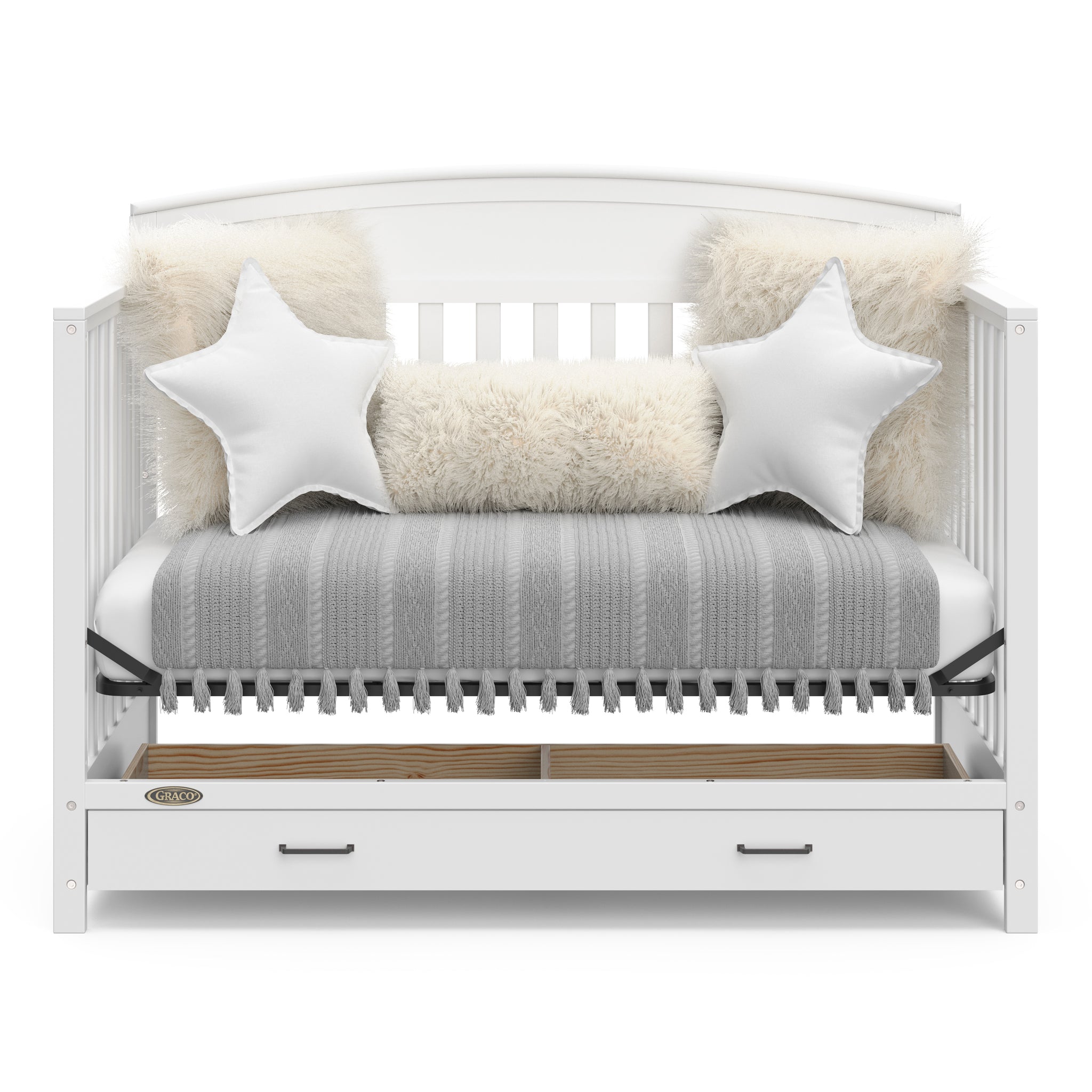 White crib with drawer in daybed conversion