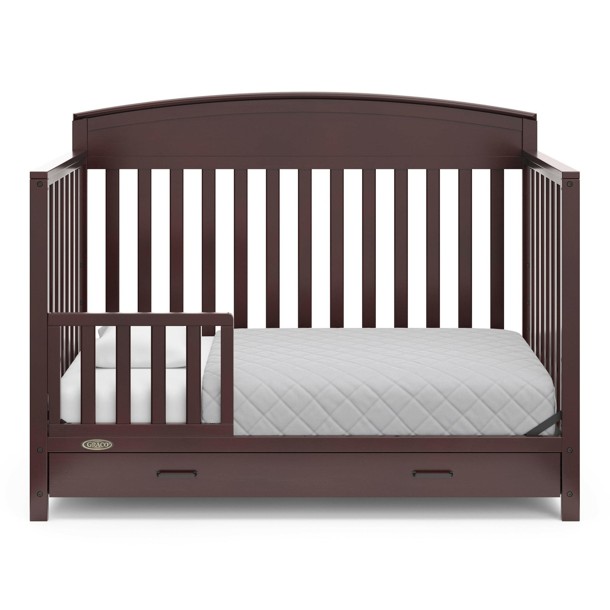 espresso crib with drawer in toddler bed conversion with one safety guardrail