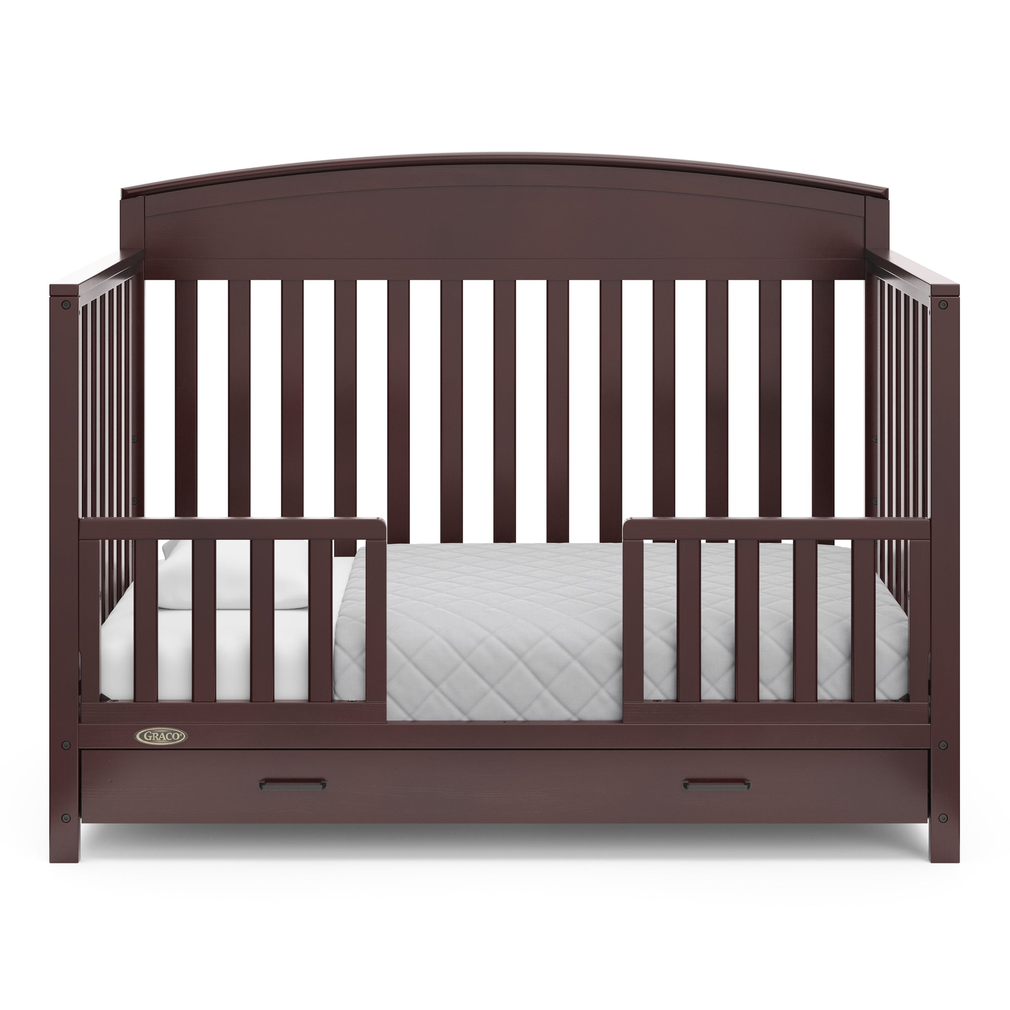 espresso crib with drawer in toddler bed conversion with two safety guardrails