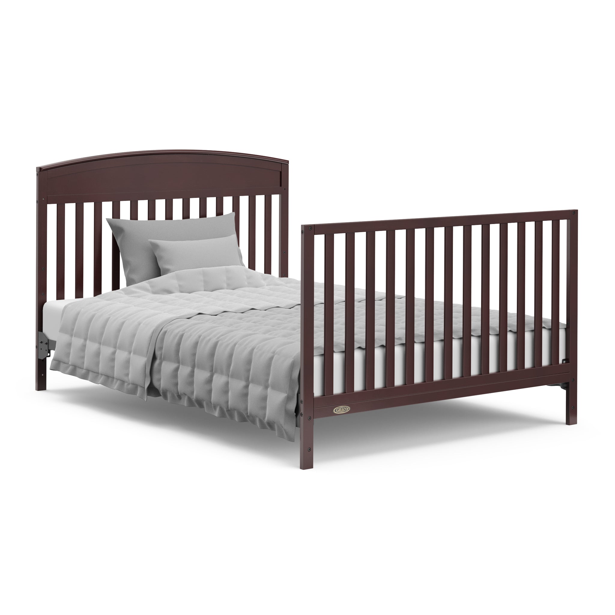 espresso crib with drawer in full-size bed with headboard and footboard conversion