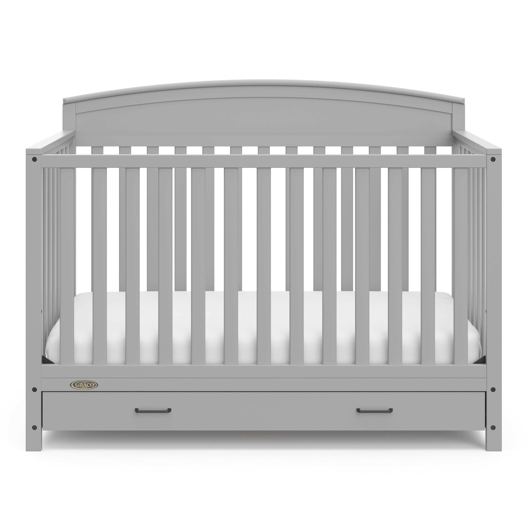 Front view of Pebble gray crib with drawer