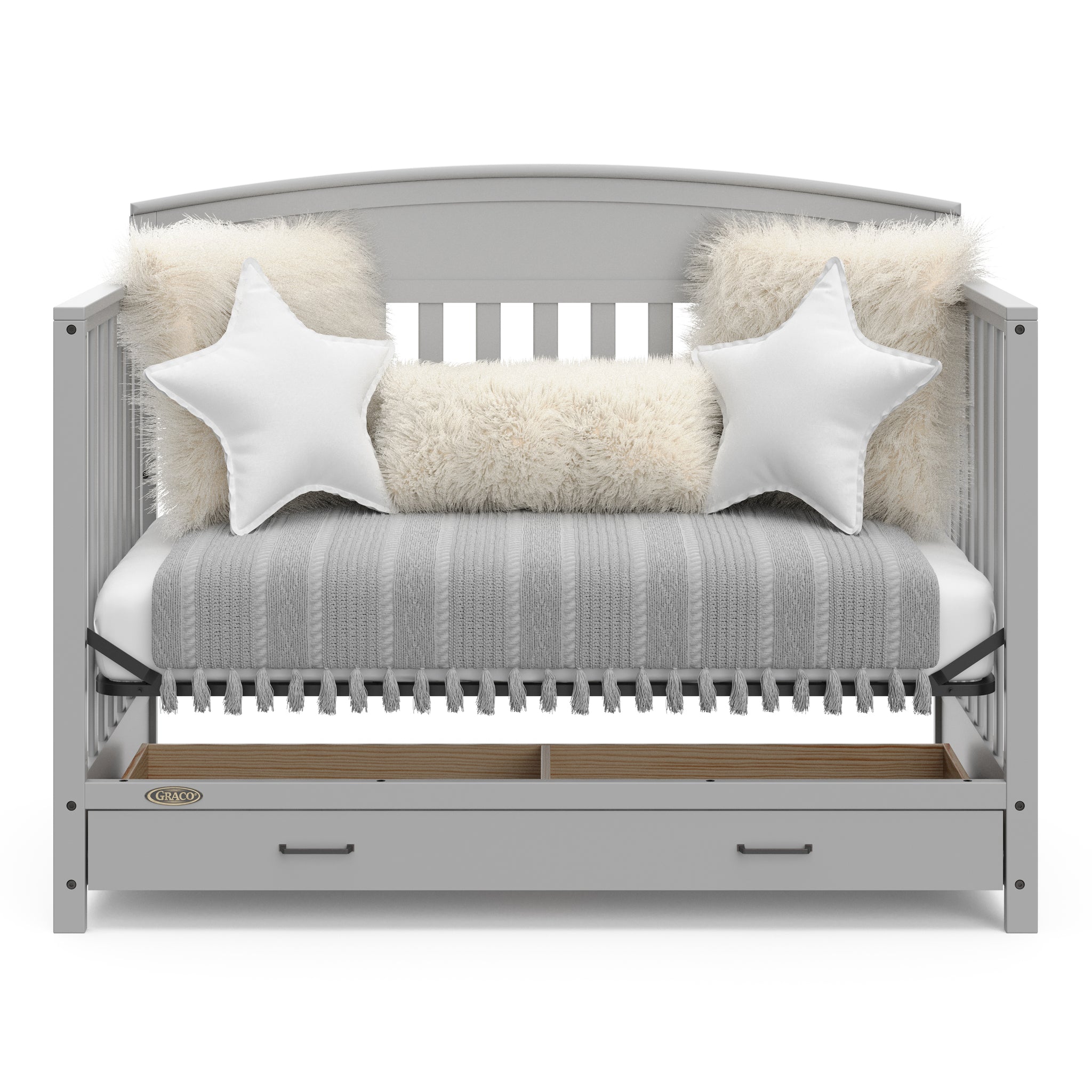Pebble gray crib with drawer in daybed conversion