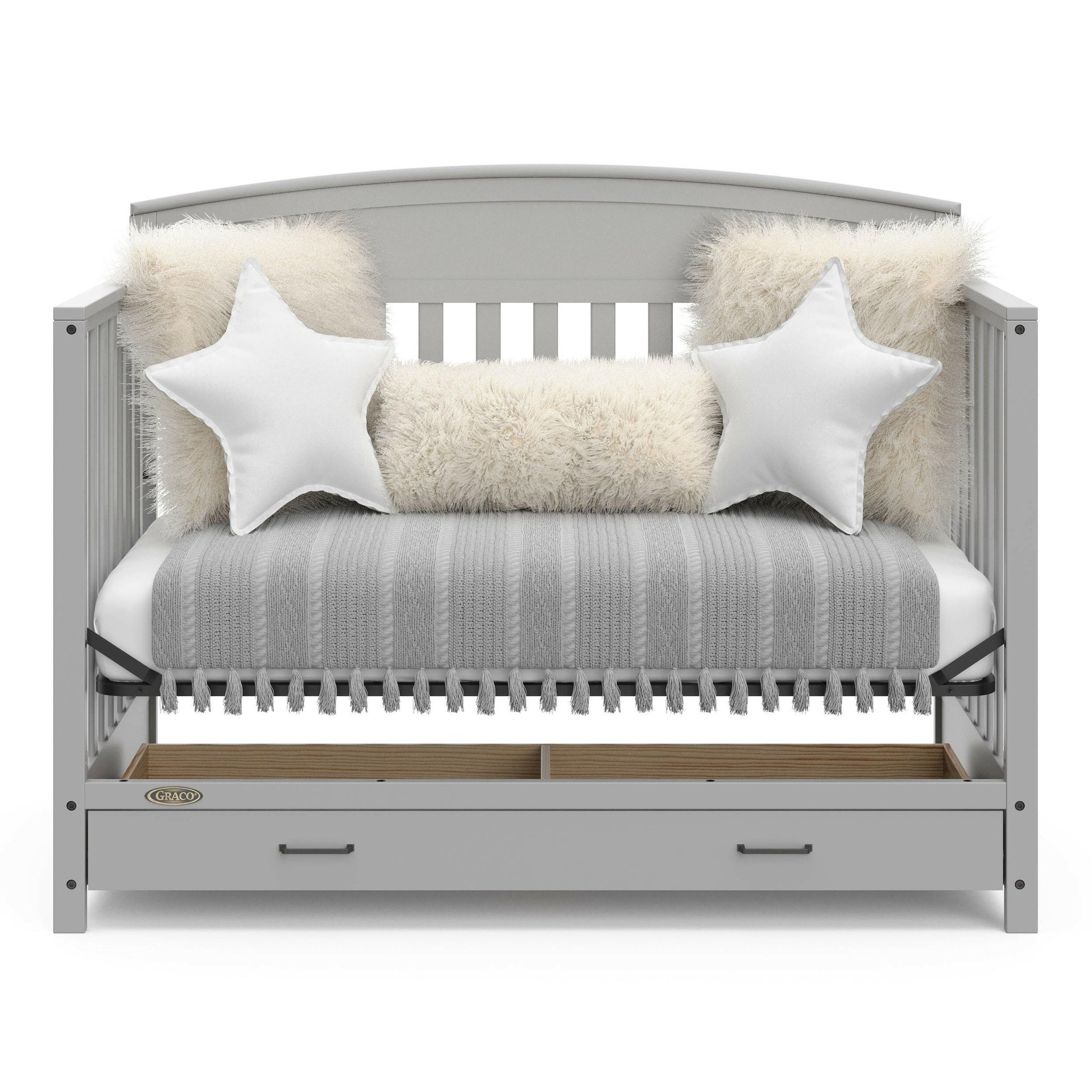 Pebble gray crib with drawer in daybed conversion