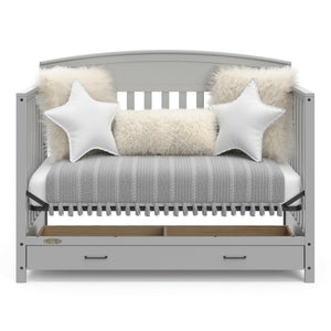 Pebble gray crib with drawer in daybed conversion