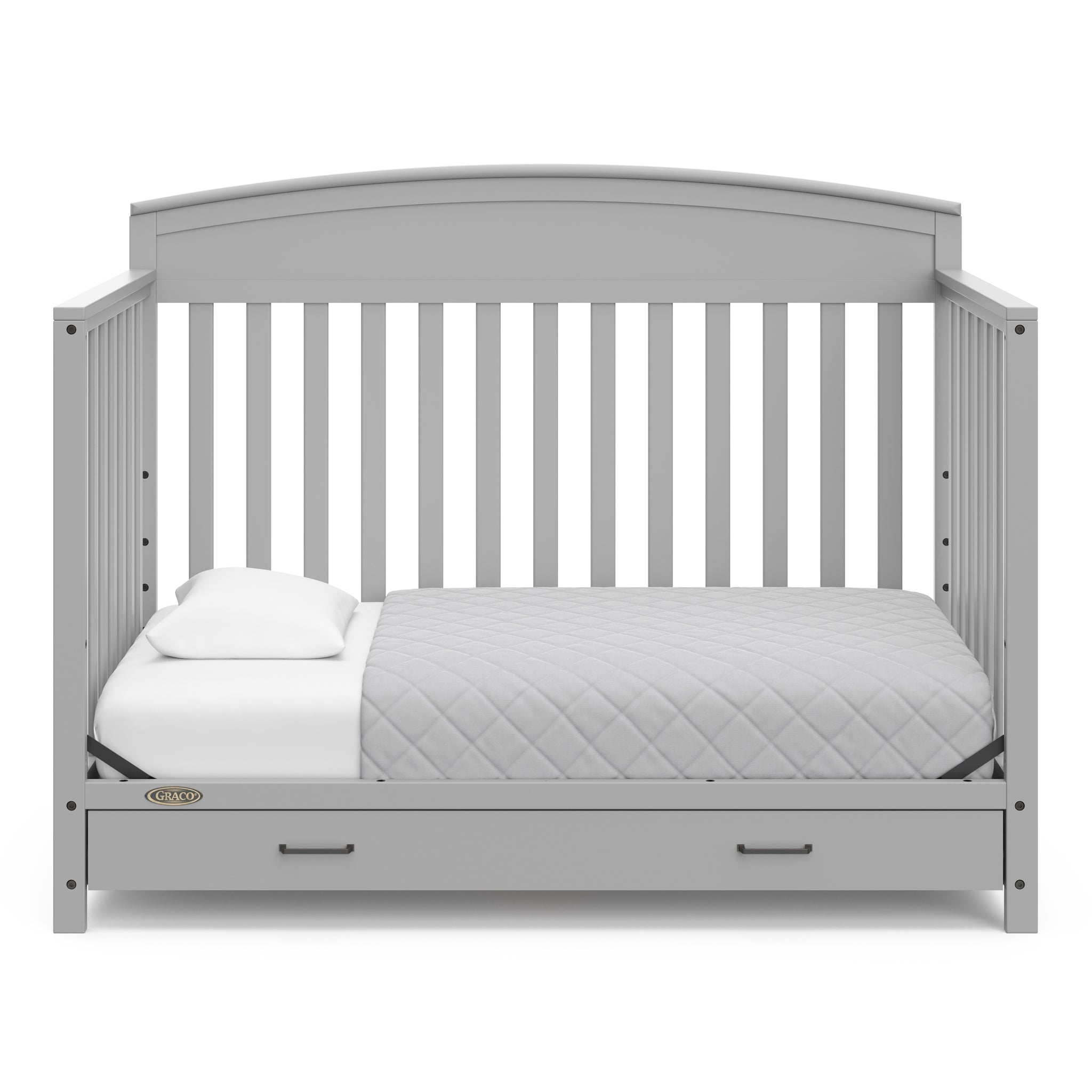 Pebble gray crib with drawer in toddler bed conversion