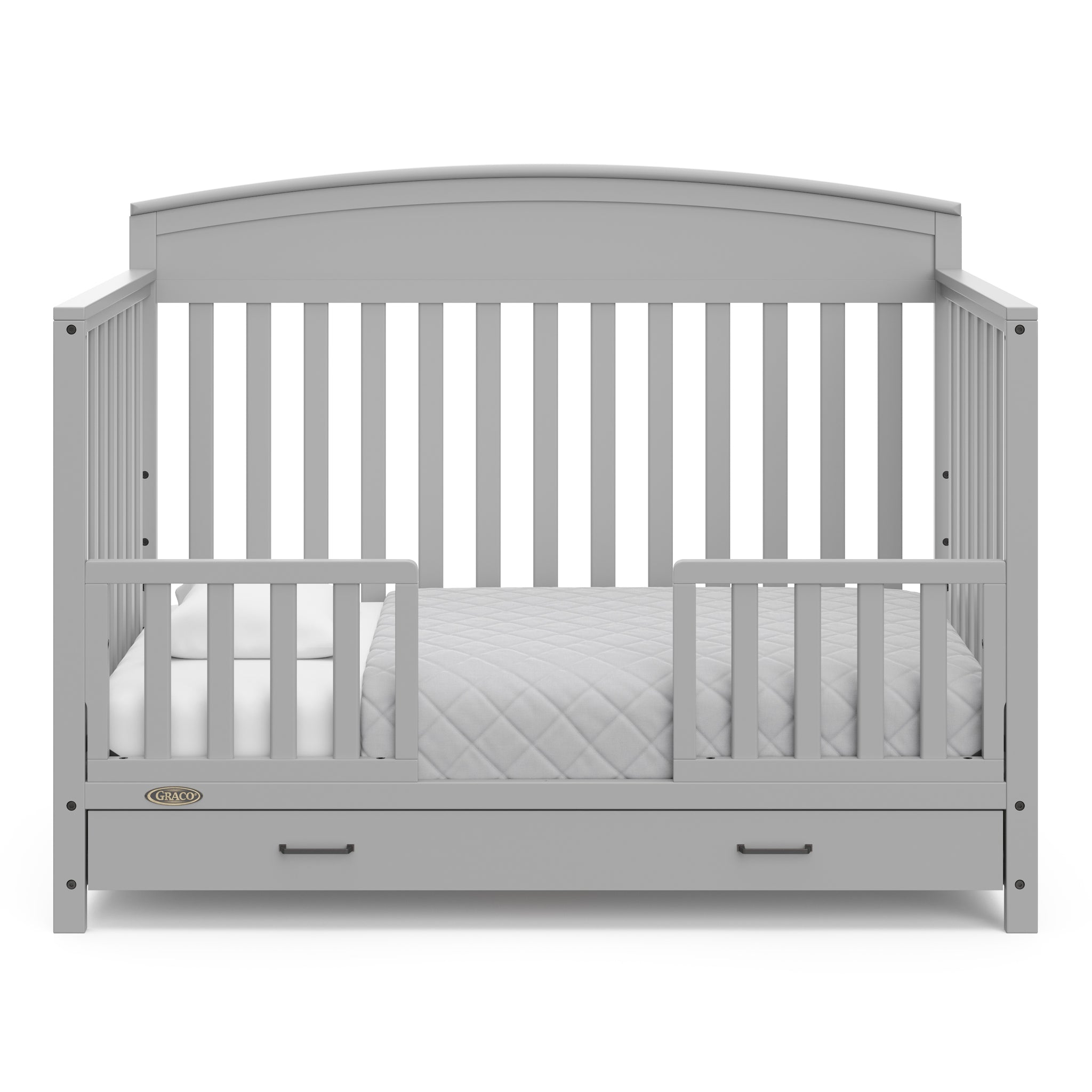 Pebble gray crib with drawer in toddler bed conversion with two safety guardrails