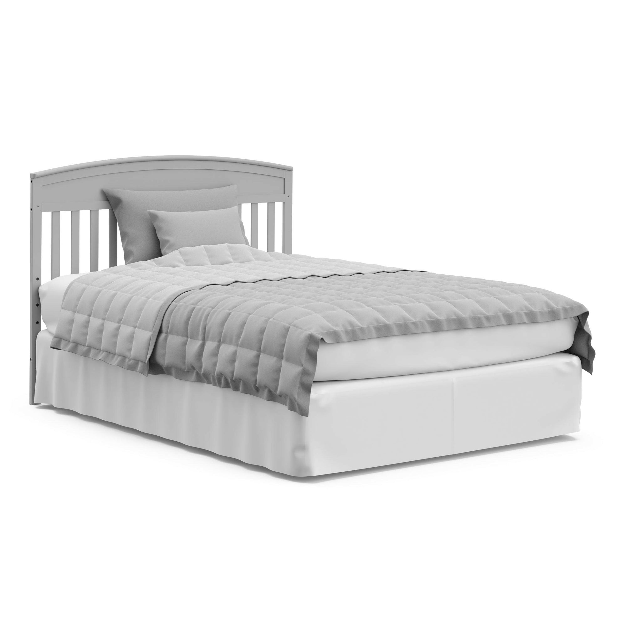 Pebble gray crib with drawer in full-size bed with headboard conversion